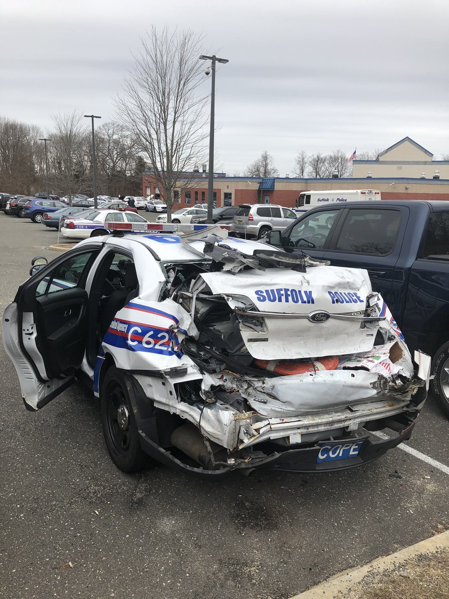 This is the Suffolk Police car that was rear ended last night by an allegedly high driver in Holtsville. Police say it's lucky the officer wasn't more seriously injured. 40-year old Robert Haff Jr is under arrest 