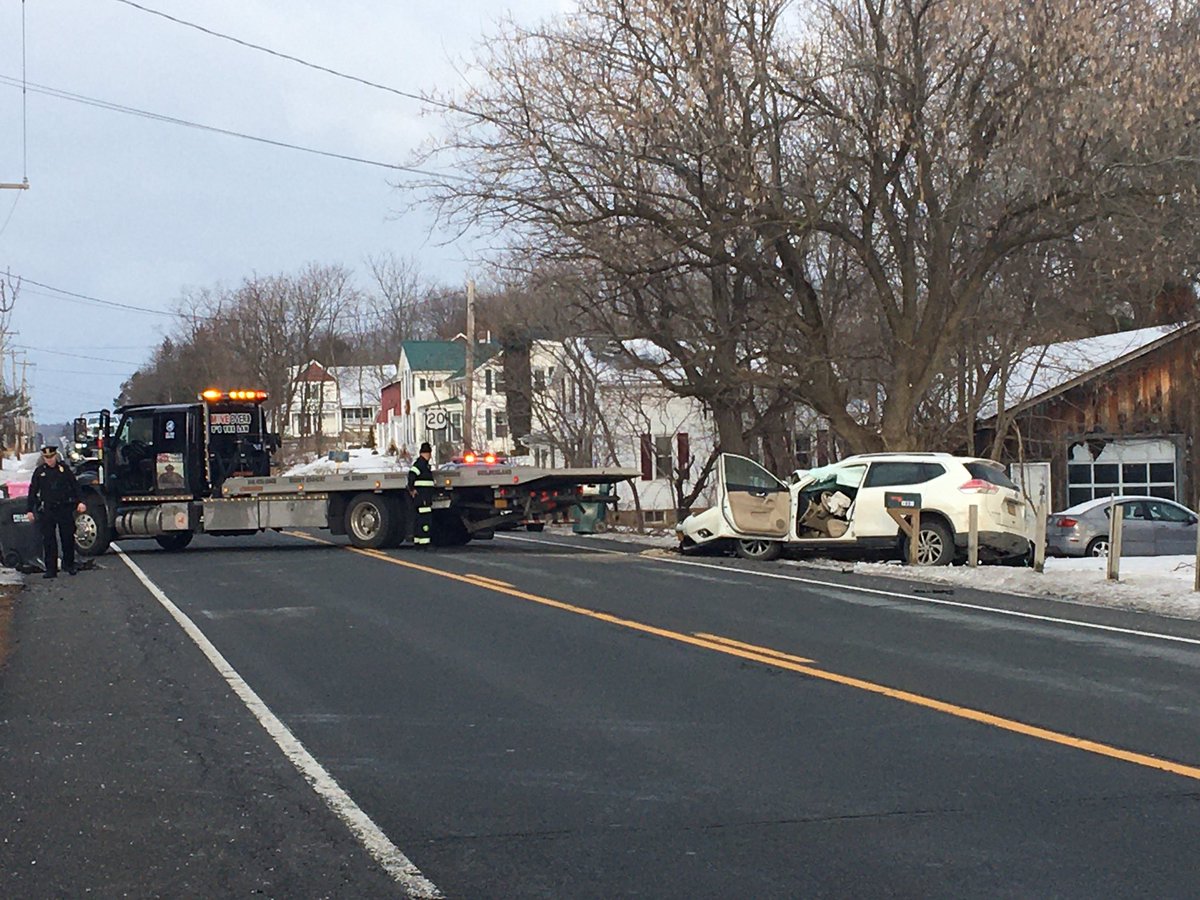 Sscene of a car crash on Rt 20 in Guilderland near Dunsville Road. Police say the car and a garbage truck crashed