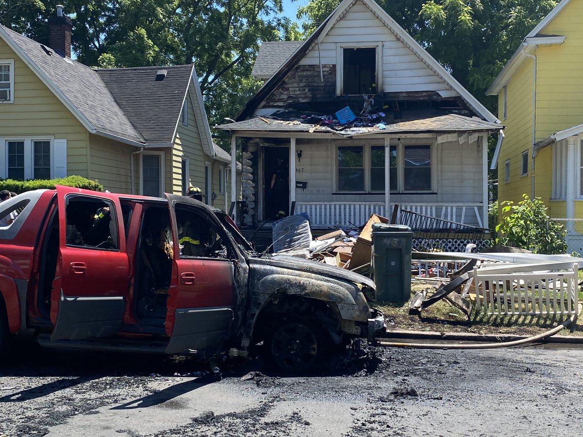 House fire and car fire on 467 Cottage Street. This originally started as a vehicle fire the vehicle was able to move away from the house but the house had already caught fire.