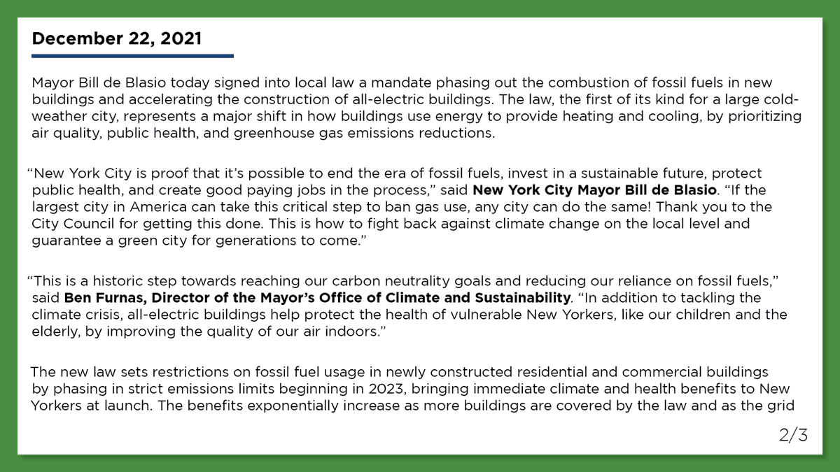 NYC Mayors Office: Leave gas in the past.  We've BANNED new construction in New York City from using gas or oil. We'll never build a sustainable future using fossil fuels, so it's time time to leave them behind for good