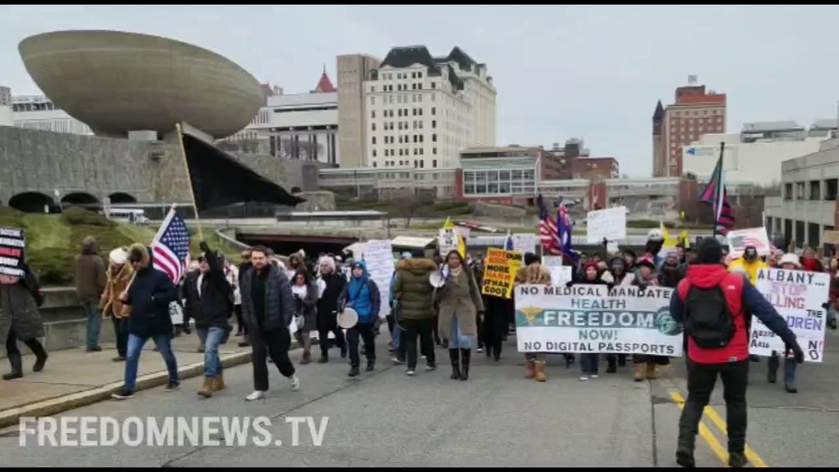 Hundreds of anti-mandate protesters marched to Governor Mansion today in Albany, New York, chanting Who's choice, my choice, who's children, my children.  Video by Jon Farina 