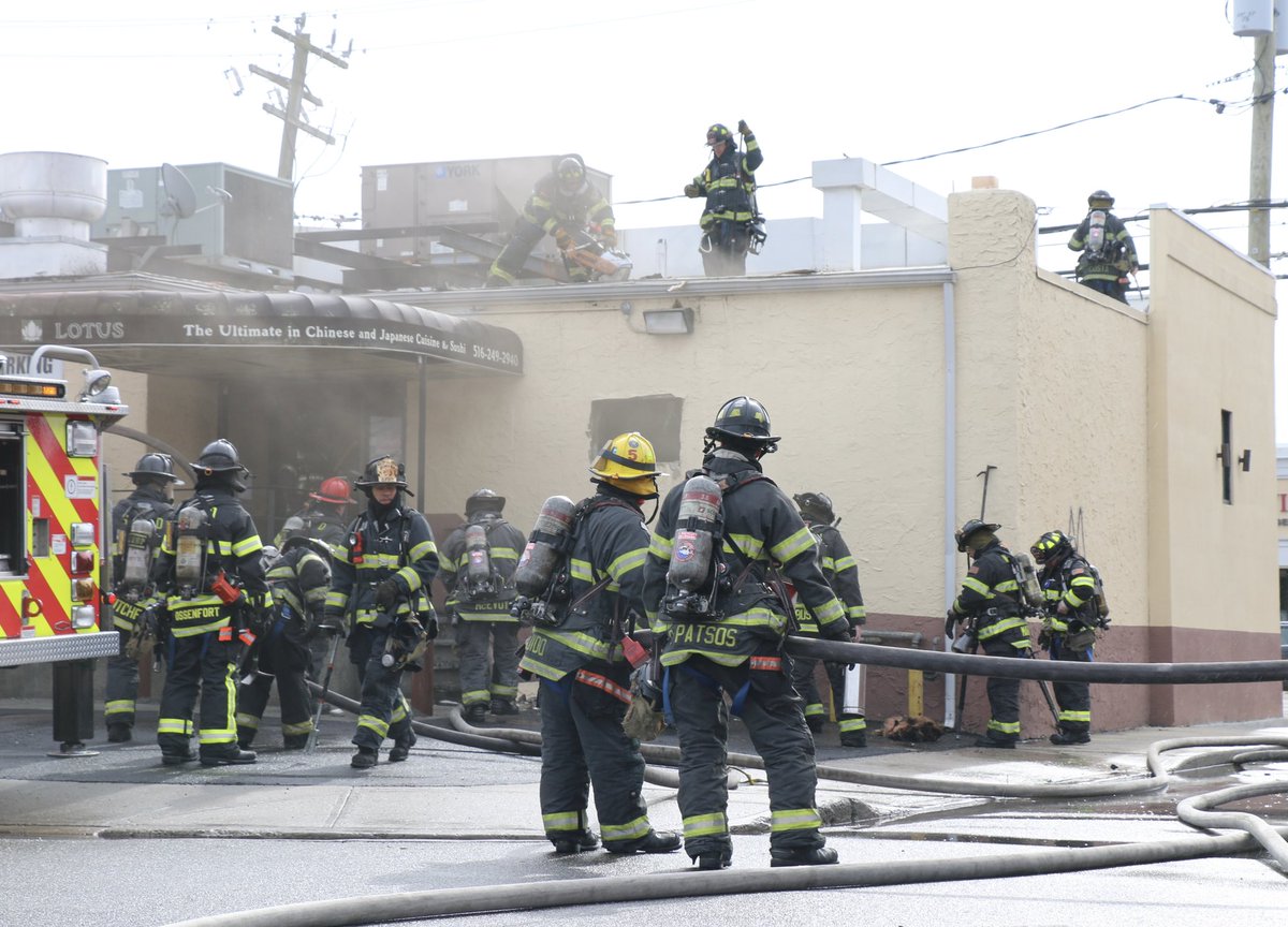 Farmingdale NY: Firefighters from multiple area departments battled a fire at the Lotus Garden Chinese Restaurant, on Conklin Street, just before 11am this morning. No serious injuries were reported. The cause is under investigation by officials