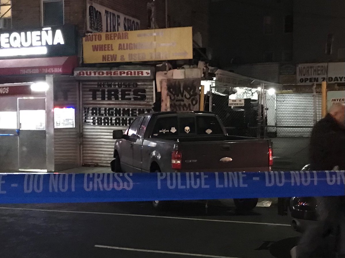 19-year-old woman killed after this pickup truck pinned her against the wall. Sources say a 16-year-old unlicensed boy was behind the wheel; picking up his father's pickup truck from the body shop here on Northern Boulevard and 106th St. in Corona, Queens.