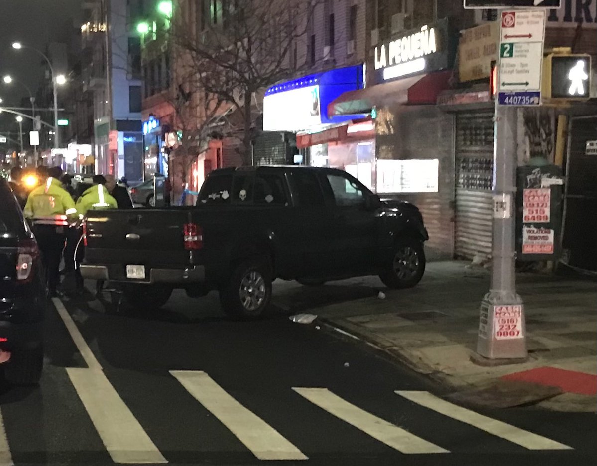 19-year-old woman killed after this pickup truck pinned her against the wall. Sources say a 16-year-old unlicensed boy was behind the wheel; picking up his father's pickup truck from the body shop here on Northern Boulevard and 106th St. in Corona, Queens.