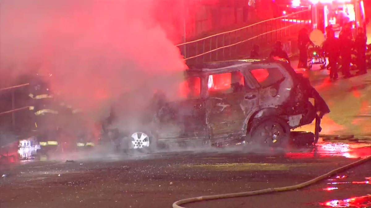 2 female victims transported with serious life threatening injuries after this vehicle crashed into the bridge/ railroad overpass on Saxton st near Maple st.  Vehicle was engulfed