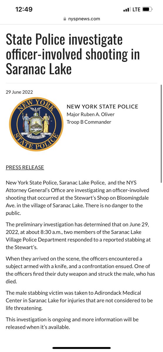 Fatal officer-involved shooting at Stewart's in Saranac Lake. Police say they responded to Stewart's for reports of a stabbing, after arriving they encountered man with knife. One of the officers on scene fired at the man with  knife and he has died