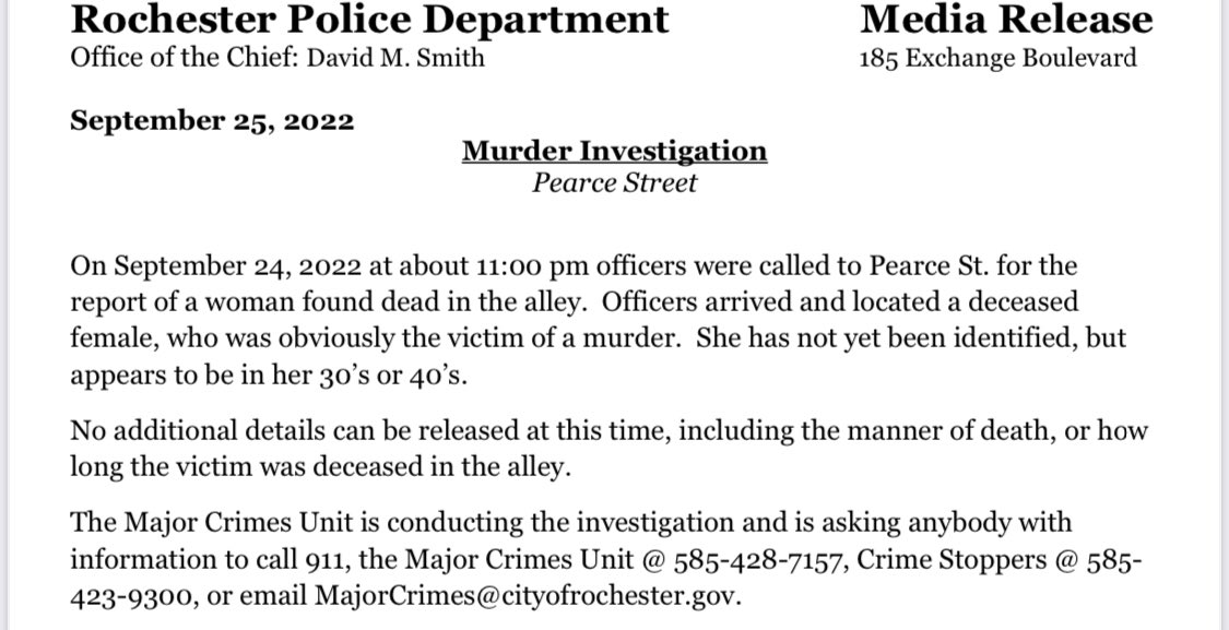 Rochester police are investigating two murders that happened overnight in Rochester. A woman was found dead in an alley on Pearce Street & a man was found shot on Jefferson Ave.