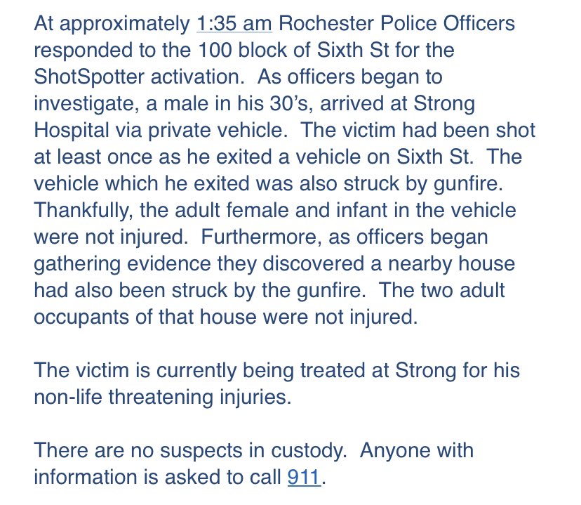 .@RochesterNYPD investigating a late night & early morning shooting.   A man in his 20's shot on Lyell Ave arrived at the hospital in a private vehicle.   A man in his 30's shot on Sixth Street exiting a vehicle 2 hours later.   Both have non life threatening injuries