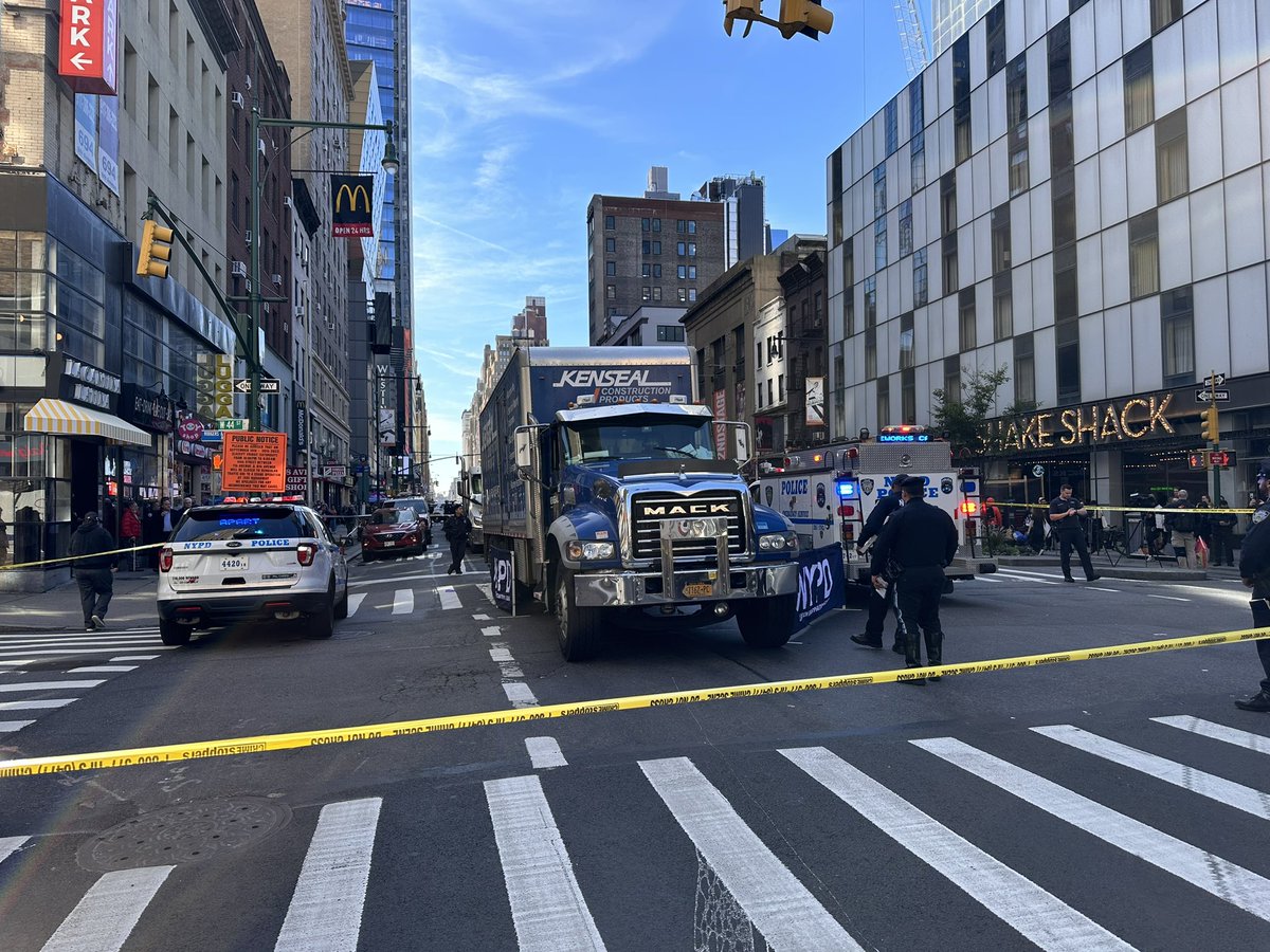 Avoid 8th Av between 42nd & 44th Sts.  Pedestrian struck and  killed by tractor trailer. Eyewitness says several people told driver to stop, driver got out, claimed he did not see the pedestrian. Workers in the area tell the victim was a homeless man they saw regularly. @ABC7NY