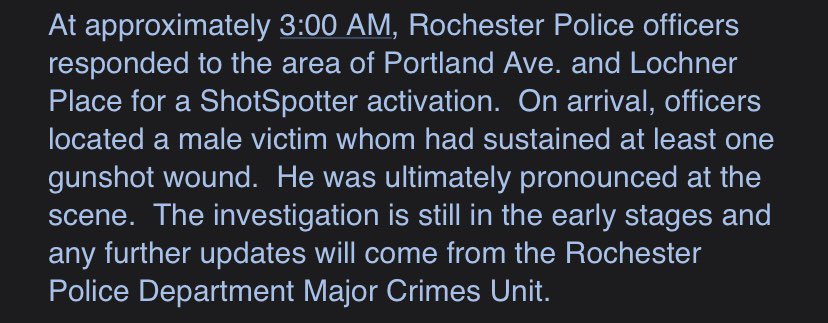 RPD confirms a homicide in @CityRochesterNY overnight. A man shot to death on Portland Ave/Lochner Pl.