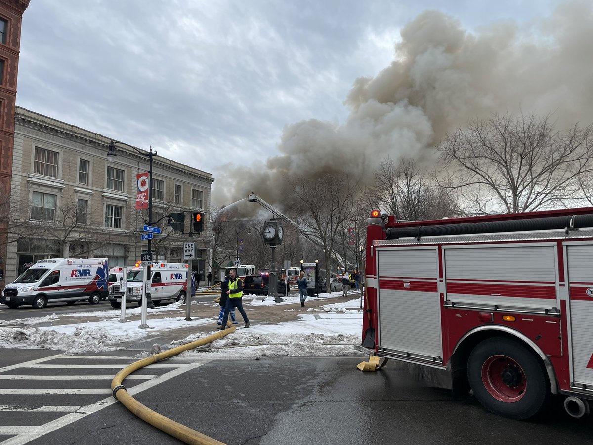 On scene of a massive four-alarm fire at 745 Main Street in the City of Buffalo. A three-story structure is currently ablaze with flames seen spewing from the roof