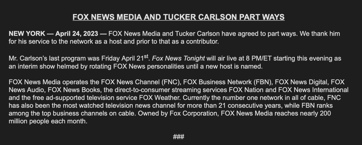 Fox News: Tucker Carlson is out at the network