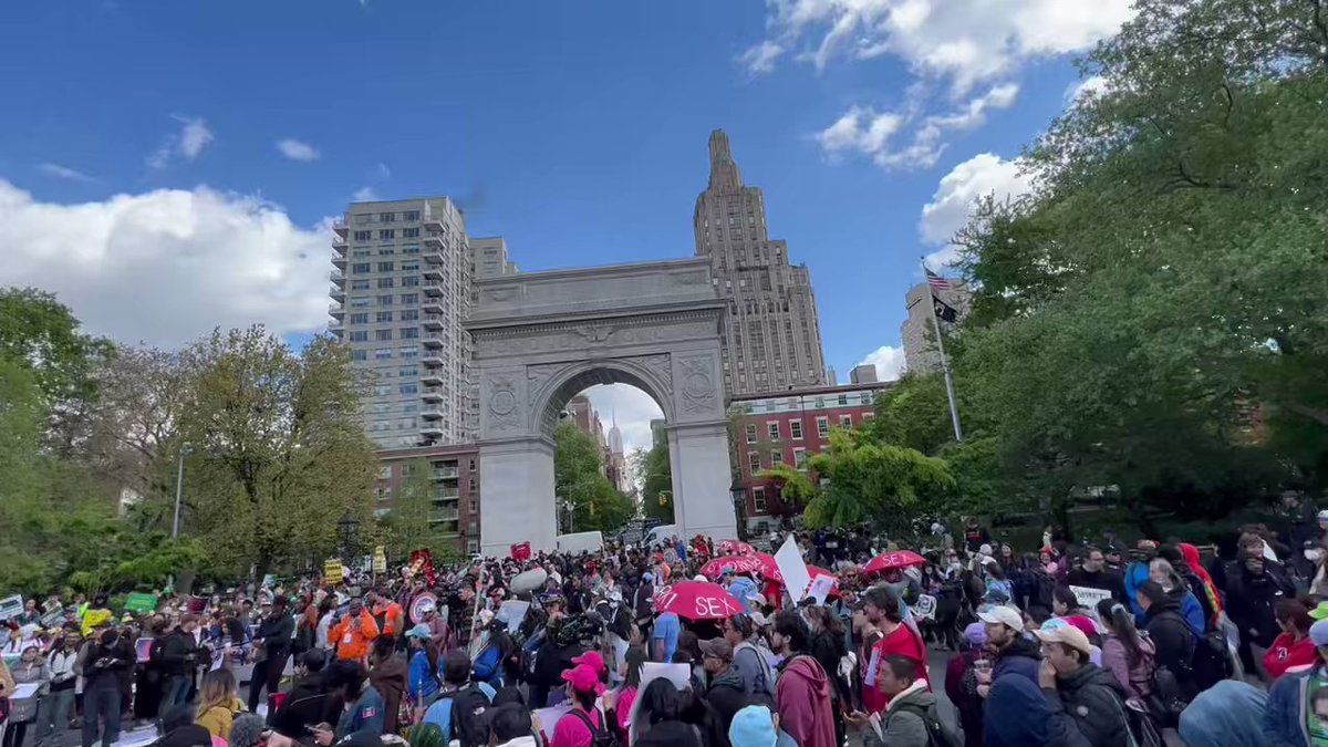 Large coalition of causes for MayDay2023 in NYC at Washington Square Park. From unions, to immigrants, to sex workers, and more. they are rallying to demand fairness and decriminalization of their jobs and lives.  They will later March to Foley Square