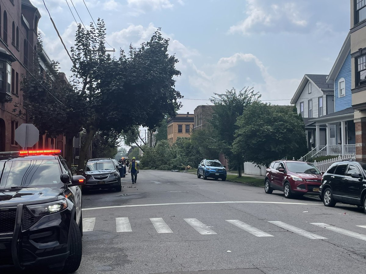 A part of someone roof is in the middle of the street on Whitney Avenue. Powerlines are also down.  hear generators and chain saws working to clear the way for life to get back to normal, as much as possible, in Downtown Buffalo