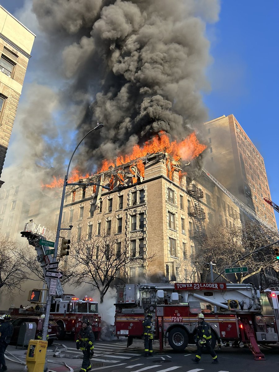 Tuesday morning, the FDNY responded to a 4-alarm fire at 201 West 107th Street in Manhattan. Units arrived in just over three minutes. Firefighters and Rescue Paramedics escorted two civilians out of the building to be treated by EMS. 