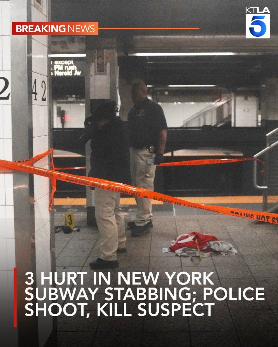 Three people were stabbed at a major New York City subway station Saturday morning by a man with a knife, according to authorities, who say that man was then shot by police on a station platform and later died.