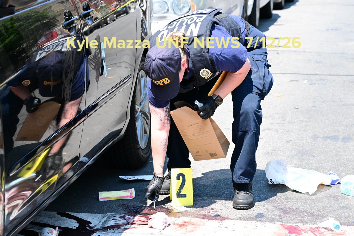 Members of the NYPD Crime Scene Unit work the scene and swabbed blood, collected evidence and documented the area where a 46-year-old man was fatally stabbed multiple times to the body in the area of Grand Concourse and East 183 Street in Bronx, New York, United States on July 12, 2026. Sunday morning at approximately 6:48 AM, the stabbing took place and the victim was transported to the hospital where he was pronounced dead.