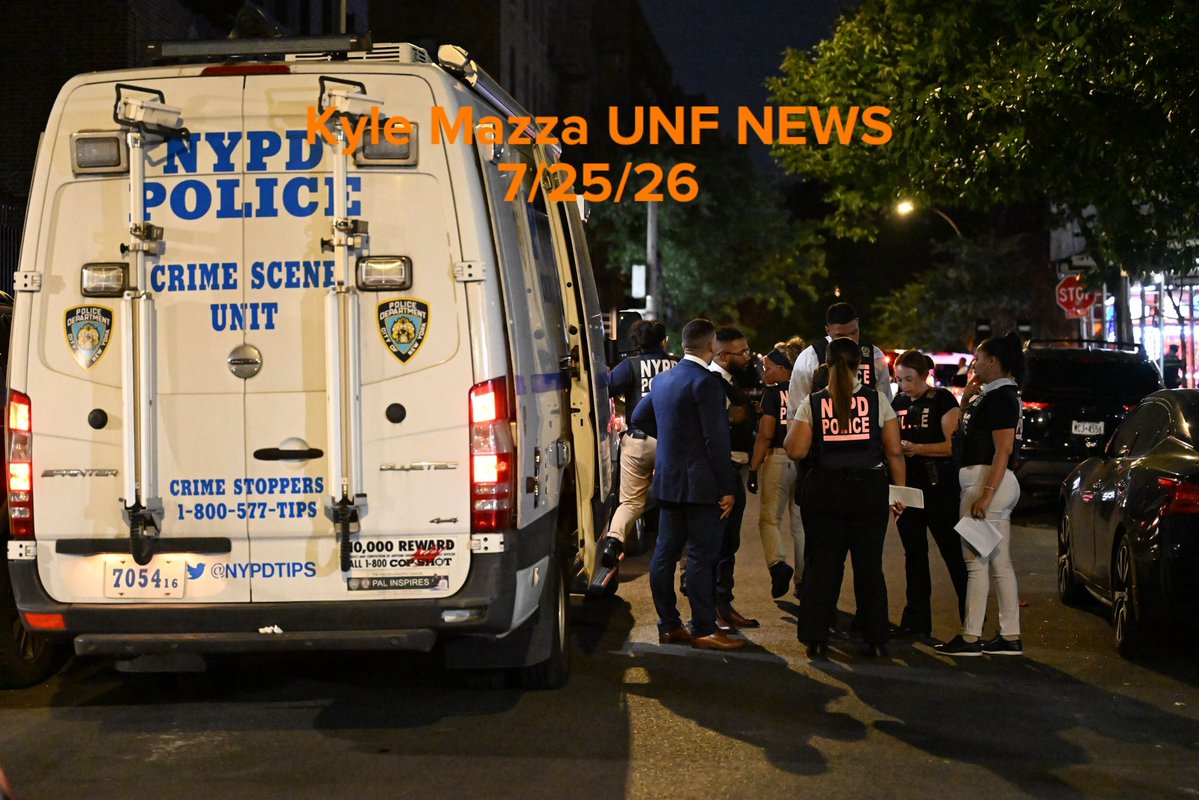 NYPD officers work the scene where a 12-year-old boy was killed and two men were injured in a shooting outside of a Supermarket and Deli at 104 Elliot Place in Bronx, New York, United States on July 25, 2026. Saturday afternoon at approximately 4:55 pm the shooting took place. A 12-year-old boy was shot to the shoulder and taken to Lincoln Hospital where he was pronounced dead.