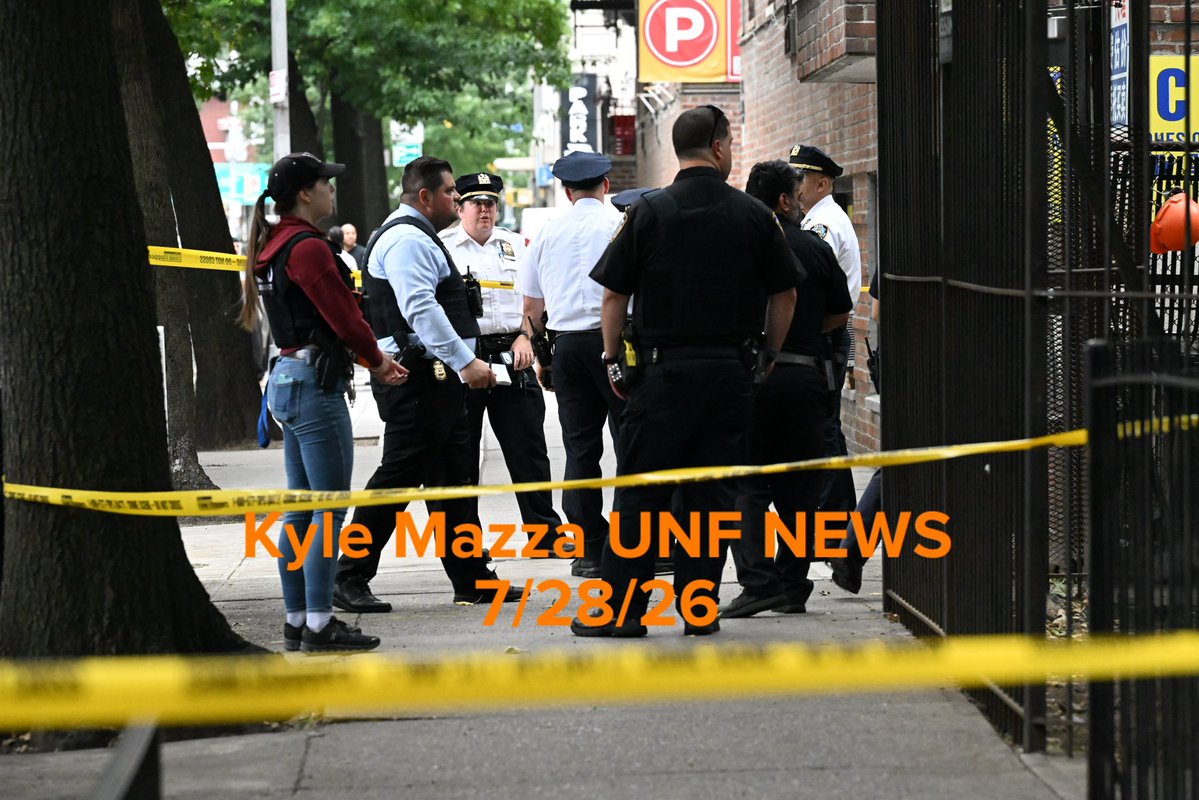 NYPD officers work the scene where a 34-year-old man was shot to the back and hip at 132-35 Sanford Avenue in Flushing, Queens, New York, United States on Tuesday, July 28, 2026. Tuesday afternoon at approximately 1:27 PM the shooting took place