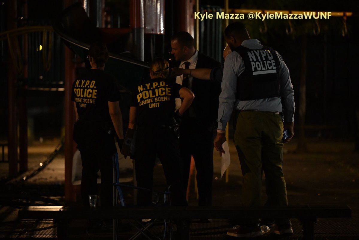 NYPD detectives and officers work at the scene where two men were fatally shot in the vicinity of Howard Playground at Mother Gaston Boulevard and Glenmore Avenue within the confines of the 73 precinct in Brooklyn, New York, United States on Friday 