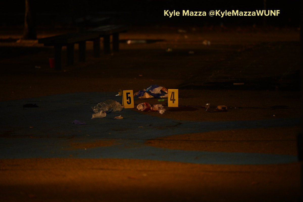 NYPD detectives and officers work at the scene where two men were fatally shot in the vicinity of Howard Playground at Mother Gaston Boulevard and Glenmore Avenue within the confines of the 73 precinct in Brooklyn, New York, United States on Friday 