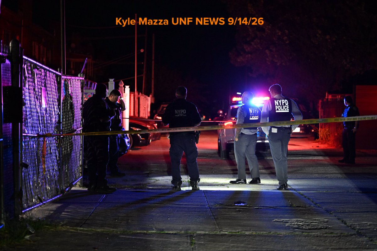 NYPD officers work the scene where a 43-year-old man was shot multiple times to the arm and leg in an alleyway near 1136 East 86 Street in the Canarsie neighborhood of Brooklyn, New York, United States on Monday, September 14, 2026. Shell casings and blood were found on scene. There are no arrests and the investigation is ongoing.